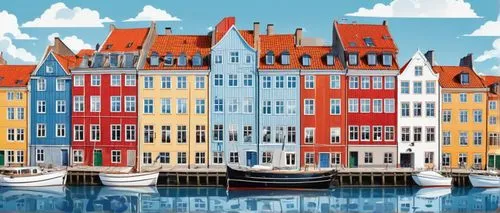 Famous Danish architecture, Nyhavn harbor, colorful townhouses, bright blue doors, white windows, red roofs, ornate facades, historic buildings, canal, sailboats, sunny day, clear sky, few white cloud