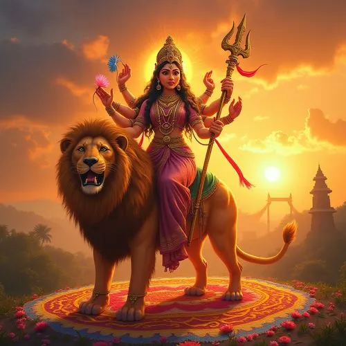 a painting of a woman on a lion in the background,navaratri,kshetra,srivijaya,sivarathri,vaishya,navarathri