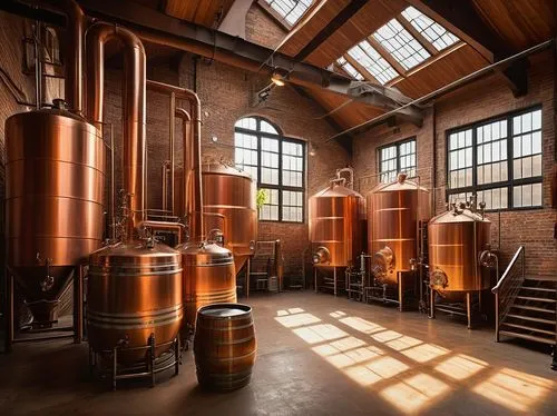 Industrial-style brewery building, rustic brick walls, large wooden barrels, copper pipes, steel tanks, dim warm lighting, afternoon sunbeams through skylights, rows of fermenting vessels, modern equi