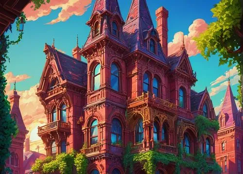 Victorian era, 1890s building, grand, luxurious, ornate details, intricate stonework, Gothic arches, stained glass windows, heavy wooden doors, ironwork balconies, ornamental roof tops, chimney, brick