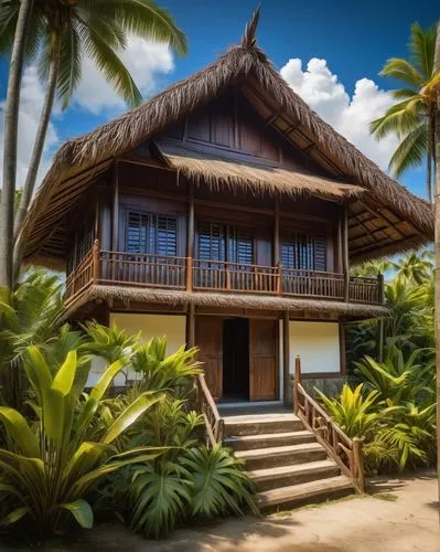 Traditional Filipino house, Bahay Kubo, wooden structure, thatched roof, bamboo walls, wooden doors, ornate carvings, vibrant colors, tropical plants surrounding, coconut trees, palm trees, sunny day,