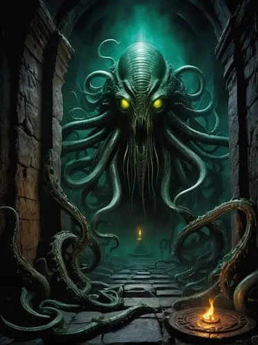 kraken,squid game card,octopus,cephalopod,calamari,game illustration,cuthulu,gorgon,tabletop game,patrol,deep sea,apiarium,god of the sea,hinnom,magic grimoire,tentacles,hall of the fallen,giant squid,end-of-admoria,shaper,Conceptual Art,Sci-Fi,Sci-Fi 02