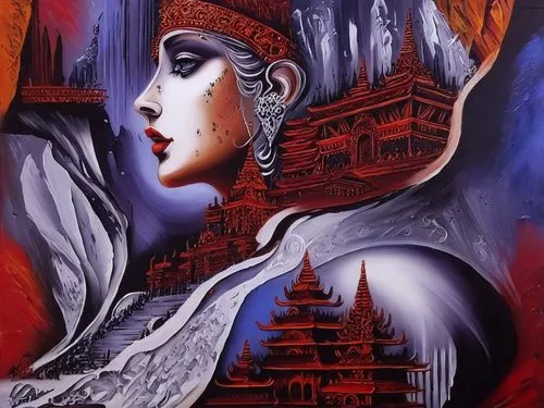 Passion Sexy Painting ,Naked Woman  Abstract Body Art Oil Painting,a large painting of a woman with a hat and an ornate head,adnate,viveros,wieslaw,concubine,klarwein,giger,Illustration,Abstract Fanta