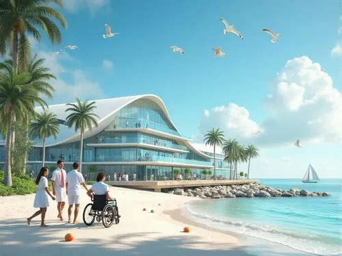 Coastal healthcare center, modern architecture, glass facade, wave-inspired design, beachside location, palm trees surrounding, white sand, clear turquoise water, sunny day, blue sky with few clouds, 