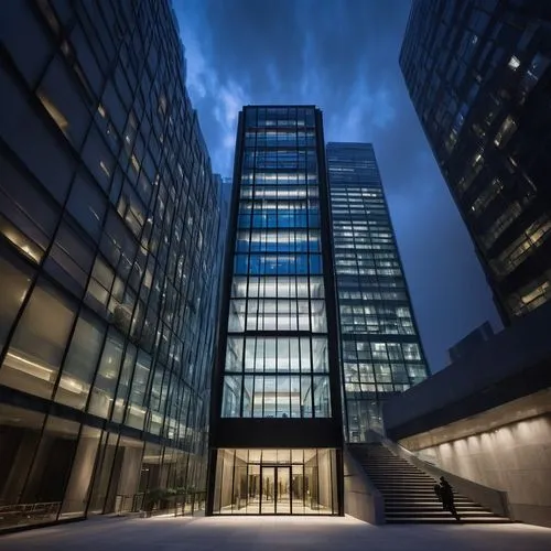 Modern skyscraper, urban cityscape, sleek glass facade, metallic structure, concrete pillars, marble lobby, grand staircase, minimalist interior design, spotlights, softbox lighting, shallow depth of 