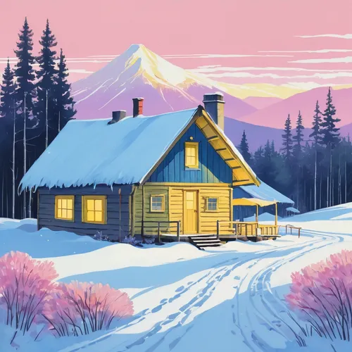 blue and yellow pastel colors, minimal details, happy tempera gouache, freezing cold Siberian taiga, small hut in the middle of the field, cozy light in small window, chimney smoking, in the art style