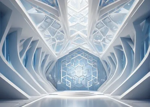 Snowflake-inspired architecture diagram, futuristic, sleek, modern, 3D rendering, intricate details, geometric shapes, delicate lines, symmetrical composition, soft blue and white color scheme, subtle