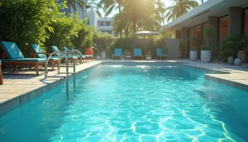 Vibrant turquoise pool water, sunny day, lush greenery surroundings, natural stone coping, modern pool deck, comfortable lounge chairs, colorful beach balls, refreshing misting system, shallow water a