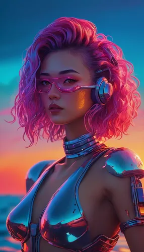 cyber glasses,dusk background,cyberpunk,cg artwork,starfire,pink dawn,futuristic,80s,ultraviolet,sci fiction illustration,scuba,neon candies,neon body painting,sunset glow,cyborg,neon light,cyber,rosa ' amber cover,summer background,beach background,Conceptual Art,Sci-Fi,Sci-Fi 27