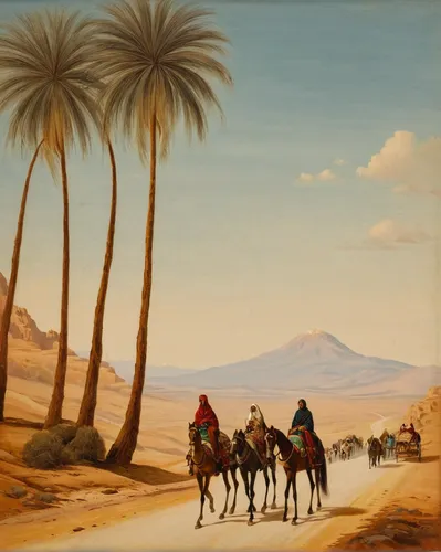 Lot 110: Signed Orientalist Landscape, Road to Damascus,camel caravan,merzouga,camel train,desert landscape,caravan,desert desert landscape,dromedaries,libyan desert,nomadic people,bedouin,caravansera