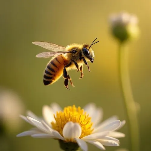 A high-speed, ultra-close macro photograph of a bee mid-flight, hovering over a flower, captured with the Sony Alpha 1 and Sony FE 90mm f/2.8 Macro G OSS lens. The Alpha 1’s lightning-fast 50 MP senso