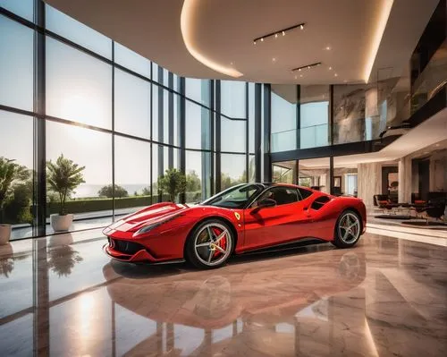 Luxury villa, Ferrari red, modern architecture, sleek lines, angular structure, grand entrance, tall ceilings, floor-to-ceiling windows, lavish interior, marble floors, designer furniture, sports car 