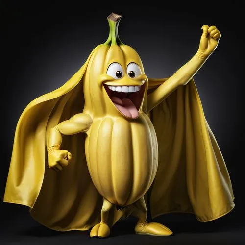 hyper-realistic hyper-detailed whimsical  image of a banana wearing a cape and flexing it's muscles. The  banana has a huge smile on his face. reminiscent of a super hero.   black background,banana,mo