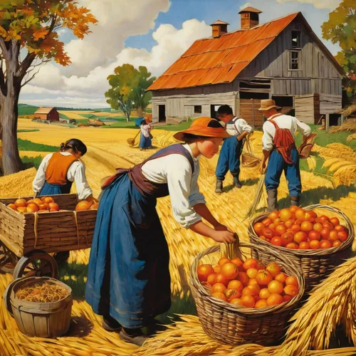 farm workers,farm landscape,agriculture,glean,grant wood,cart of apples,girl picking apples,david bates,apple harvest,harvest,grain harvest,harvest festival,breadbasket,agricultural,farmworker,farmers,corn harvest,harvest time,rural landscape,picking vegetables in early spring,Illustration,Retro,Retro 20