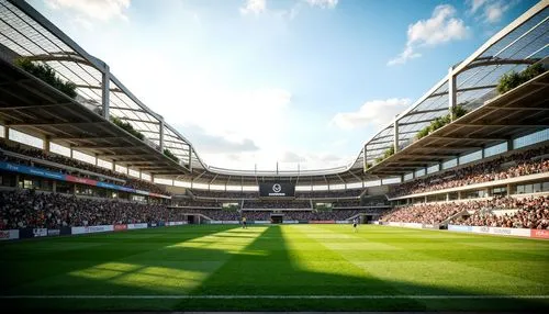 Green soccer field, stadium seating, vibrant crowd, sports floodlights, goalposts, scoreboard, modern architecture, curved lines, sleek metal structures, transparent roofs, open-air design, natural ve