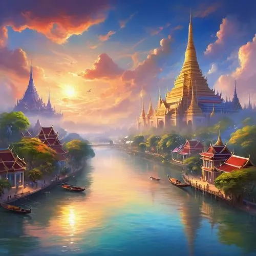 ayutthaya,phra nakhon si ayutthaya,rattanakosin,inle,buddhist temple complex thailand,rattanakiri,Illustration,Realistic Fantasy,Realistic Fantasy 01