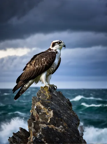 Capture the beauty of an osprey perched on a rocky cliff against a backdrop of turbulent waves and stormy skies.,sea eagle,sea head eagle,giant sea eagle,blue-footed booby,australian pied cormorant,se