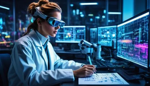 Futuristic laboratory, high-tech equipment, glowing screens, futuristic computers, robots in background, AI system, coding interface, programmer, scientist, white coat, goggles, messy hair, intense fo