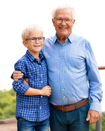 Old grandfather, smiling face, wrinkles, white hair, glasses, gentle eyes, casual wear, plaid shirt, dark pants, holding hand of little grandson, cute boy, curious expression, blonde hair, blue eyes, 