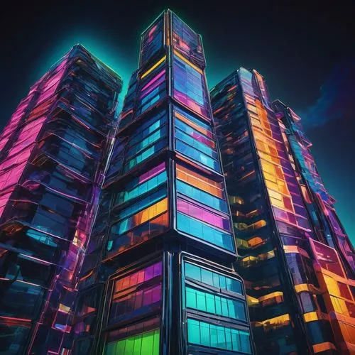 Futuristic architectural shape, geometric structure, metallic material, reflective surface, neon lights, vibrant colors, urban cityscape, night scene, skyscraper background, abstract composition, low-