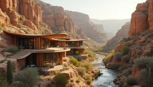 Canyon architecture, adaptive design, climate-resilient building, natural materials, earthy tones, curved lines, blend with surroundings, sustainable features, solar panels, green roofs, rainwater har