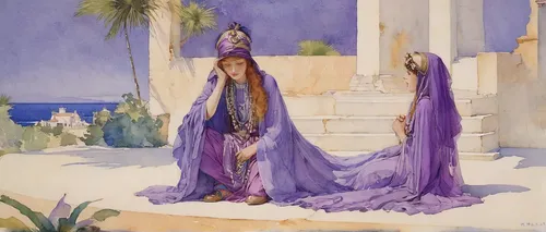 rem in arabian nights,majorelle blue,la violetta,orientalism,radha,girl in a long dress,egyptian lavender,art deco woman,ancient costume,woman at the well,cleopatra,the prophet mary,fashion illustration,evening dress,the purple-and-white,lily of the nile,khokhloma painting,indian art,accolade,1920s,Illustration,Paper based,Paper Based 23