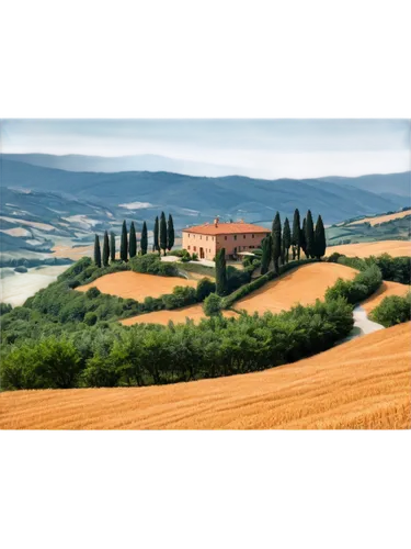 Tuscan landscape, rolling hills, golden wheat fields, cypress trees, villas, terra cotta rooftops, stone walls, narrow roads, vintage Fiat 500, warm sunlight, soft focus, panoramic view, high angle sh