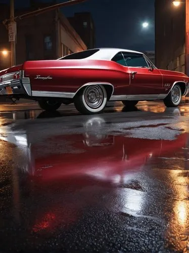 1967 Chevrolet Impala, classic car, vintage, American muscle car, metallic red paint, shiny chrome bumper, distinctive triple taillights, bold grille, sleek lines, retro wheels, low-angle shot, dramat