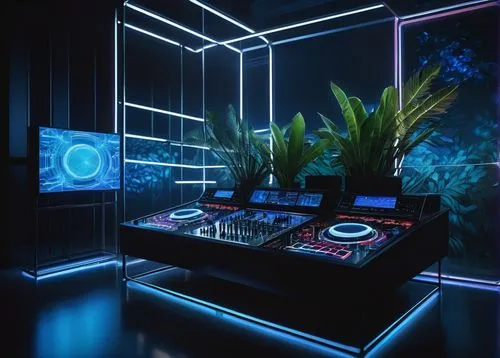 tropical house,electrohome,nightclub,3d background,playing room,3d render,blue room,spaceship interior,wavevector,synth,sound table,dj,dancefloor,ambient,80's design,aqua studio,hifi,modern decor,ufo interior,modern room,Photography,Artistic Photography,Artistic Photography 02