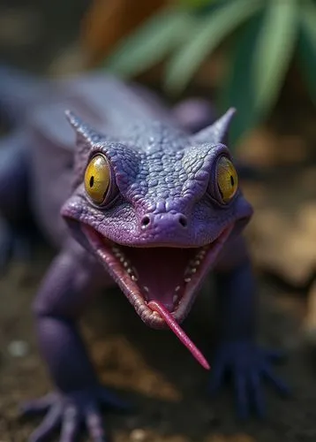 Detailed Macro Photo of an Extraterrestrial Reptile in vivid high-definition. The creature's scales are a stunning shade of purple, and its bright yellow eyes are wide with fear. Its mouth is slightly