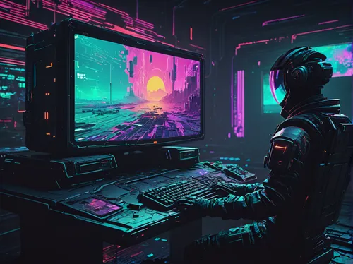 cyberpunk,cyber,scifi,cyberspace,computer room,sci-fi,sci - fi,computer,futuristic,computer art,computer game,virtual,sci fi,man with a computer,80s,80's design,vapor,computer games,virtual world,computer graphics,Conceptual Art,Sci-Fi,Sci-Fi 20