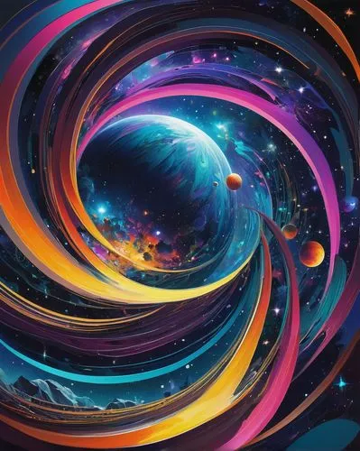 Free AI-generated art, vibrant colors, futuristic style, abstract shapes, swirling patterns, glowing neon lights, mesmerizing visuals, cosmic atmosphere, starry night sky, celestial bodies, planetary 