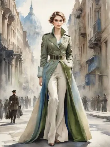 nissa,imperial coat,markievicz,frigga,organa,seregil,woman walking,suffragette,miss circassian,quirine,syberia,knightley,victoriana,long coat,liesel,numantia,greatcoat,noblewoman,mengsk,margaery,Digital Art,Watercolor