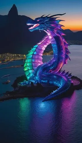 Dragão Leviatã gigante emergindo do mar no Rio de Janeiro Brasil, cenário Cristo redentor.,rio,rio 2016,colorful spiral,rainbow waves,rio de janeiro,kinetic art,niterói,light art,brazil carnival,rio o