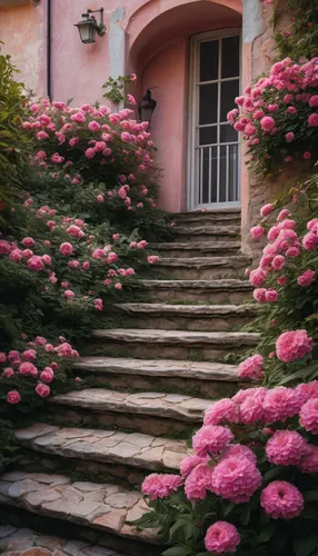 a bunch of stairs with pink flowers on them, beautiful place, beautiful aesthetic, beautiful and aesthetic, pink hues, beatiful house, outdoor staircase, by Marie Bashkirtseff, beautiful nature, beaut