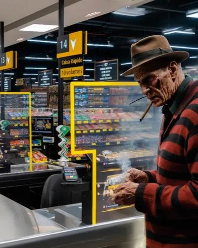 freddy krueger fumando  no  caixa  do supermercado , 4k ,an old man with a cigarette standing in a store,hamburglar,cashier,edeka,supermercados,netto,supermercado