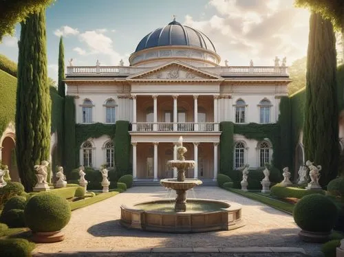 Neo Palladian architecture, grand villa, symmetrical facade, columns with ornate capitals, arched windows, domed roof, marble statues, lush greenery, topiary bushes, fountain, serene courtyard, warm s