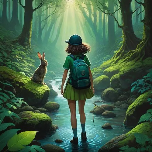 world digital painting,arrietty,terabithia,ghibli,explorers,studio ghibli,digital painting,forest walk,sci fiction illustration,forest path,wander,girl walking away,explorer,explore,forest background,exploration,fantasy picture,to explore,hiker,children's background,Illustration,Realistic Fantasy,Realistic Fantasy 34