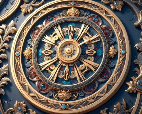 a gold ornate clock face on a blue surface,astronomical clock,ship's wheel,grandfather clock,astrolabe,tempus,tock,Anime,Anime,General