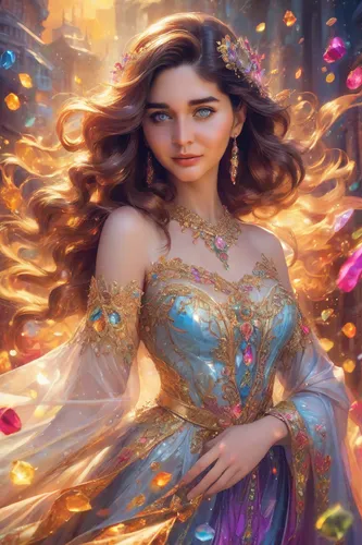 A radiant Spanish woman, her elegant dress glowing as she stands in the light, surrounded by colorful crystals. Her stunning hair flows beautifully, creating a visually rich scene. This highly detaile