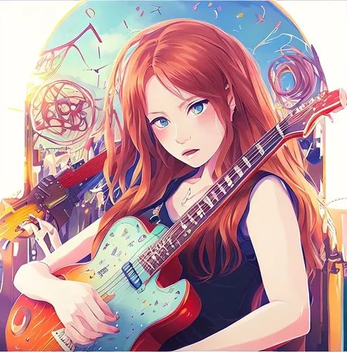 the girl with the red electric guitar,guitar,concert guitar,asuka langley soryu,playing the guitar,guitar player,musician,guitarist,balalaika,electric guitar,tsumugi kotobuki k-on,epiphone,ukulele,pai