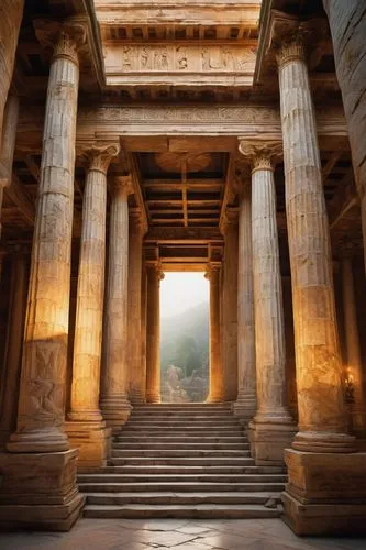 grandiose ancient Greek temple, majestic pillars, intricate carvings, ornate statues, vibrant frescoes, grand staircase, symmetrical structure, imposing entrance, colossal stone blocks, weathered marb