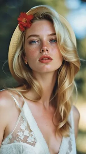 Close-up portrait of a young woman with striking features, displaying a thoughtful or introspective expression. Her face is highlighted by bright blue eyes, red lipstick, and delicate freckles dusting