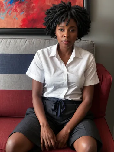 This picture shows a Negro woman in a seated portrait. She is wearing a white shirt with a blue tie and a gray vest. The background is in shades of red and appears to contain abstract or stylized patt