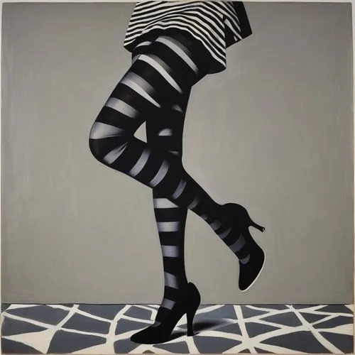 Legs in black and white striped tights with black high-heeled shoes against a grey background.,a woman with black and white striped stockings on,rankin,vasarely,bourdin,stipes,blumenfeld,black paint s