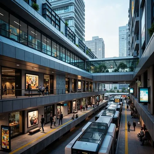 Futuristic metro station, sleek metallic fa\u00e7ade, neon-lit signage, holographic advertisements, elevated walkways, transparent glass roofs, spacious interior platforms, advanced ticketing systems,