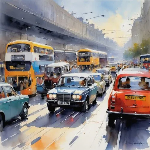 mumbai,transport and traffic,hanoi,world digital painting,oil painting on canvas,hindustan ambassador,evening traffic,austin 1800,traffic queue,traffic lights,traffic congestion,traffic jam,indian art,watercolor paris,trolleybuses,saigon,traffic jams,road traffic,heavy traffic,oil painting,Conceptual Art,Oil color,Oil Color 03