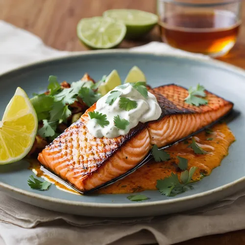 Paprika-Honey Salmon with Lime Sour Cream,salmon fillet,sockeye salmon,salmon,arctic char,salmon burger,smoked salmon,wild salmon,food photography,salmon-like fish,salmon tartar,chub salmon,fjord trou