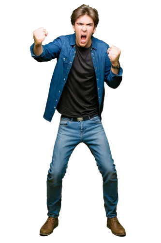 Angry young man, shouting, gagging noises, messy brown hair, sweat on forehead, tight black shirt, ripped blue jeans, heavy boots, clenched fists, intense facial expression, low-angle shot, dramatic l