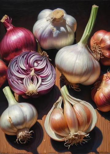 Aaron Stills (American, b. 1953) Garlic, Shallots, & Onions  /  Oil on Canvas  /  14 x 11  (in),still life with onions,onion bulbs,red garlic,red onion,persian onion,cultivated garlic,garlic bulbs,ros